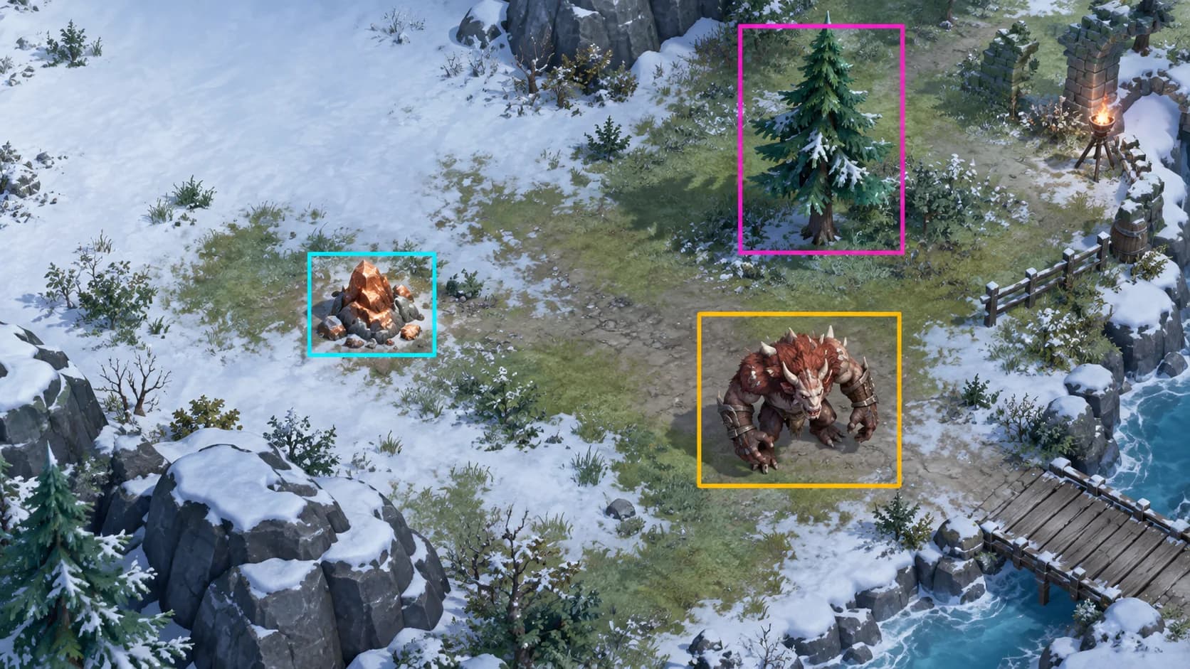 Scena di gioco generica con scatole di rilevamento intorno a minerale, un albero e un mostro