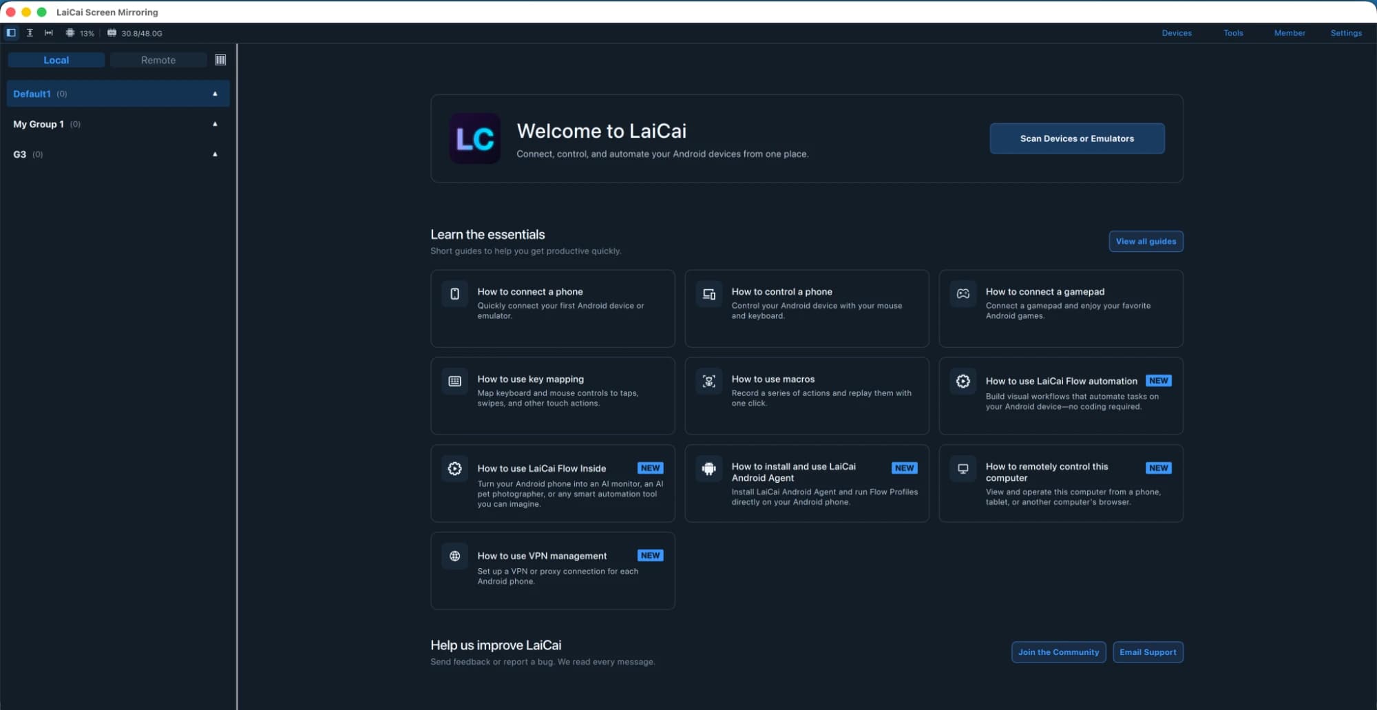 صفحة الترحيب في LaiCai Screen Mirroring ومدخل دروس الميزات