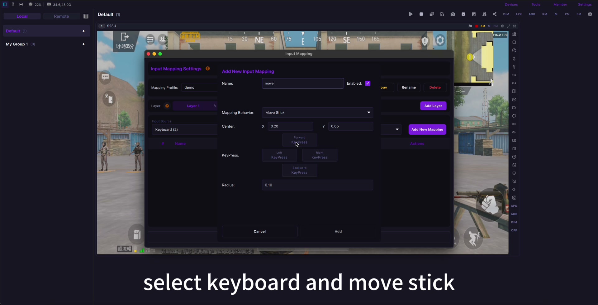 หน้าตั้งค่า Move Stick ใน LaiCai Screen Mirroring ที่กำหนด W, A, S, D ให้จอยสติ๊กเดิน