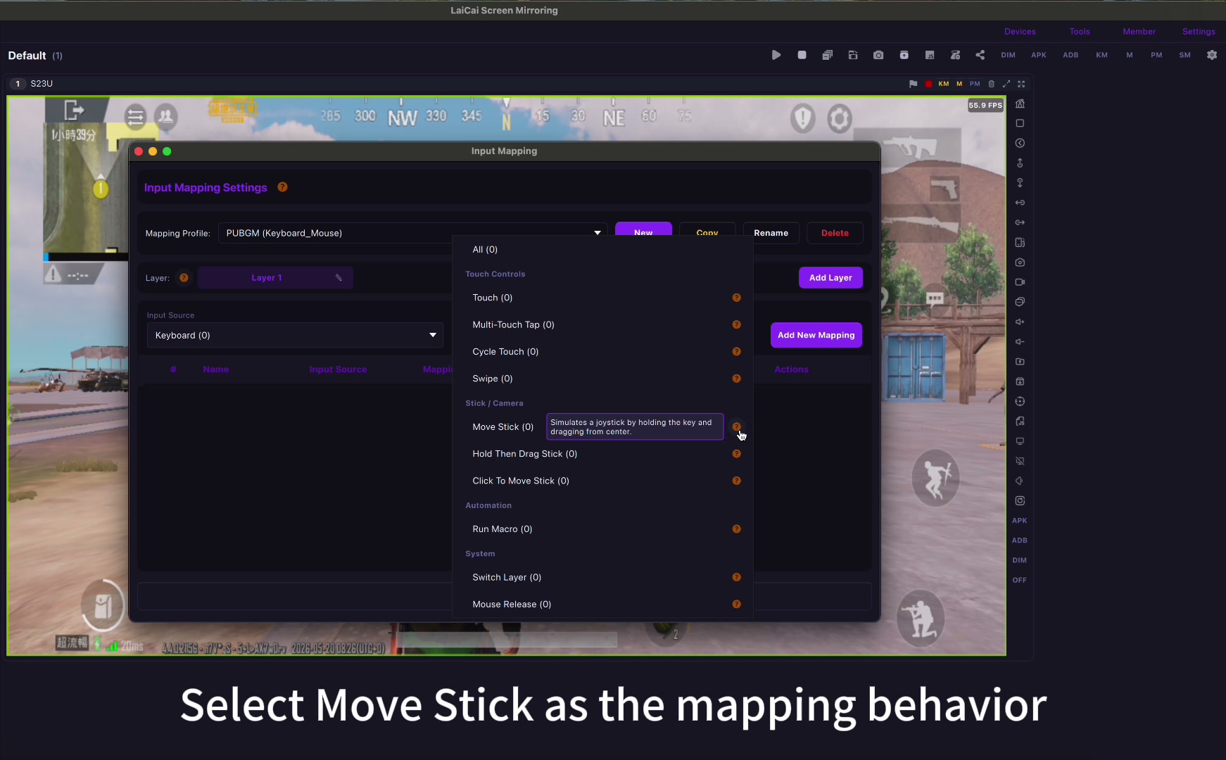 LaiCai key mapping setup for recording mobile game tutorials